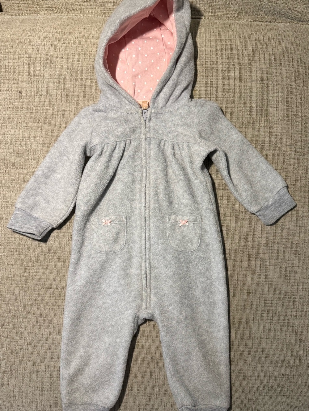 Carter's Gray Fleece Hooded One-Piece with Pink Polka Dot Lining